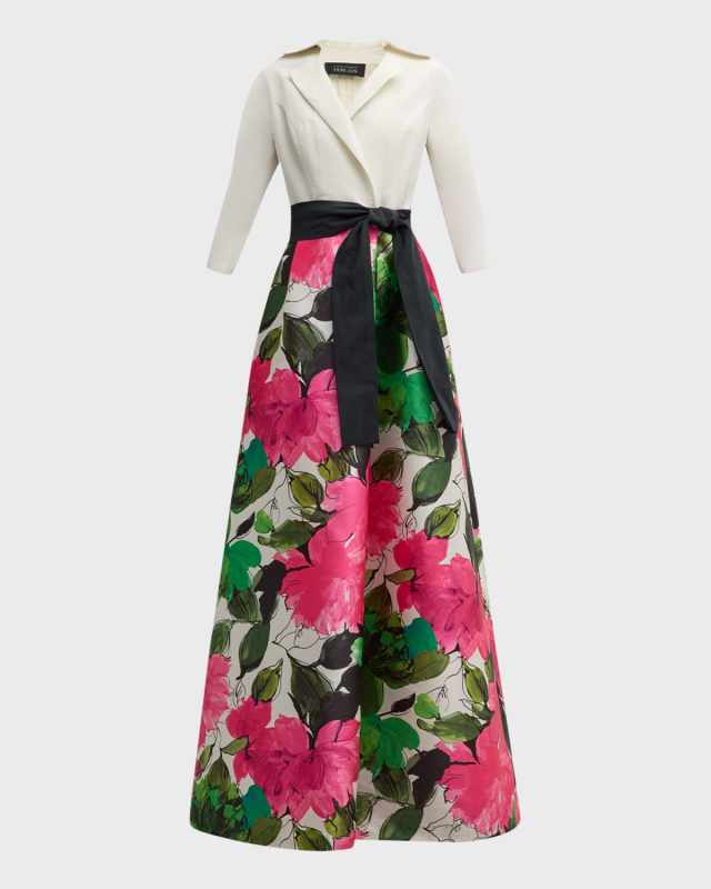 Belted Floral-Print A-Line Gown